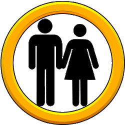 a black 'man' and 'woman' sihlouette holding hands, inside a golden circle representing a wedding ring.
